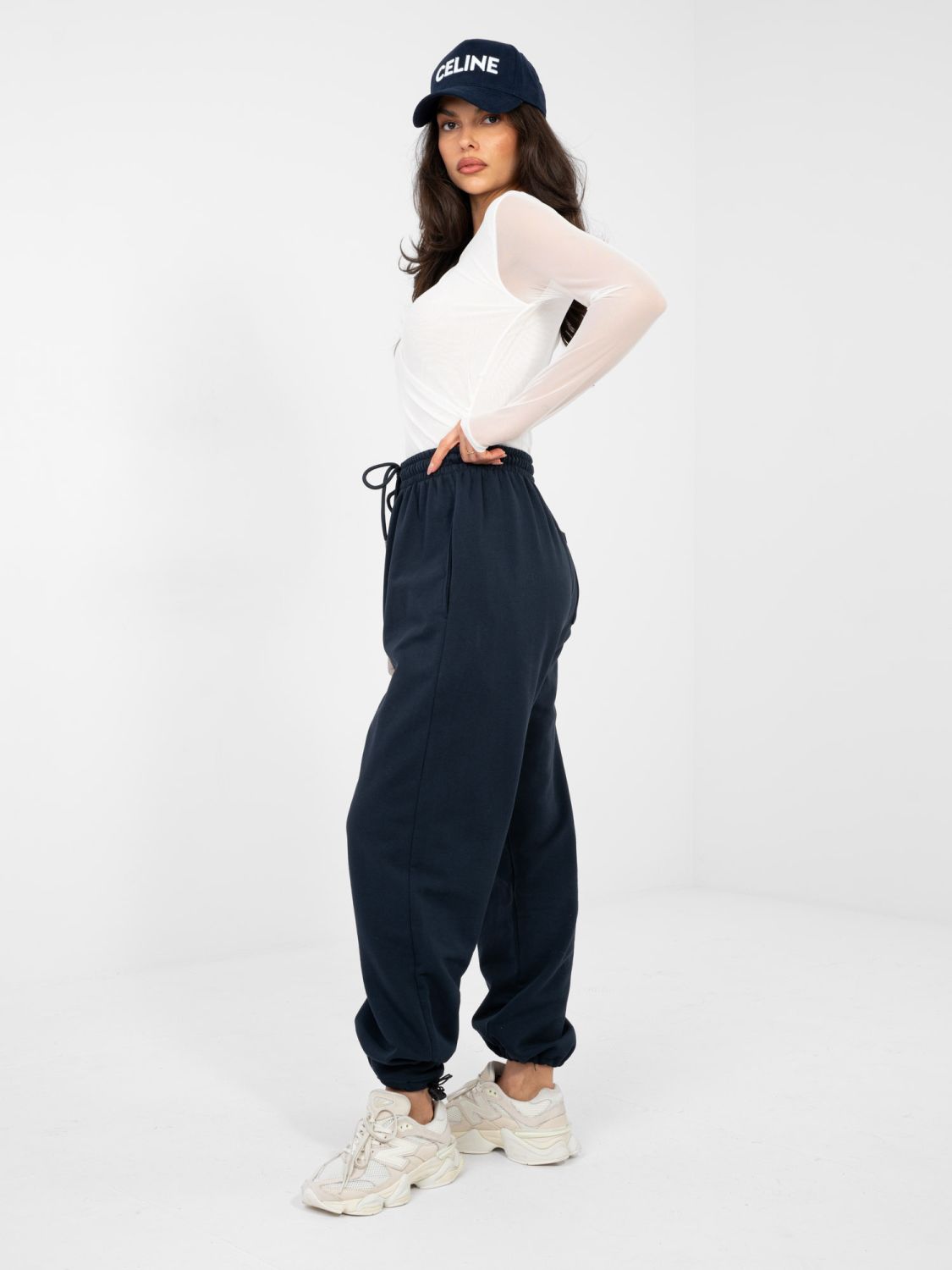 Pantaloni jogger bleumarin cu talie înaltă