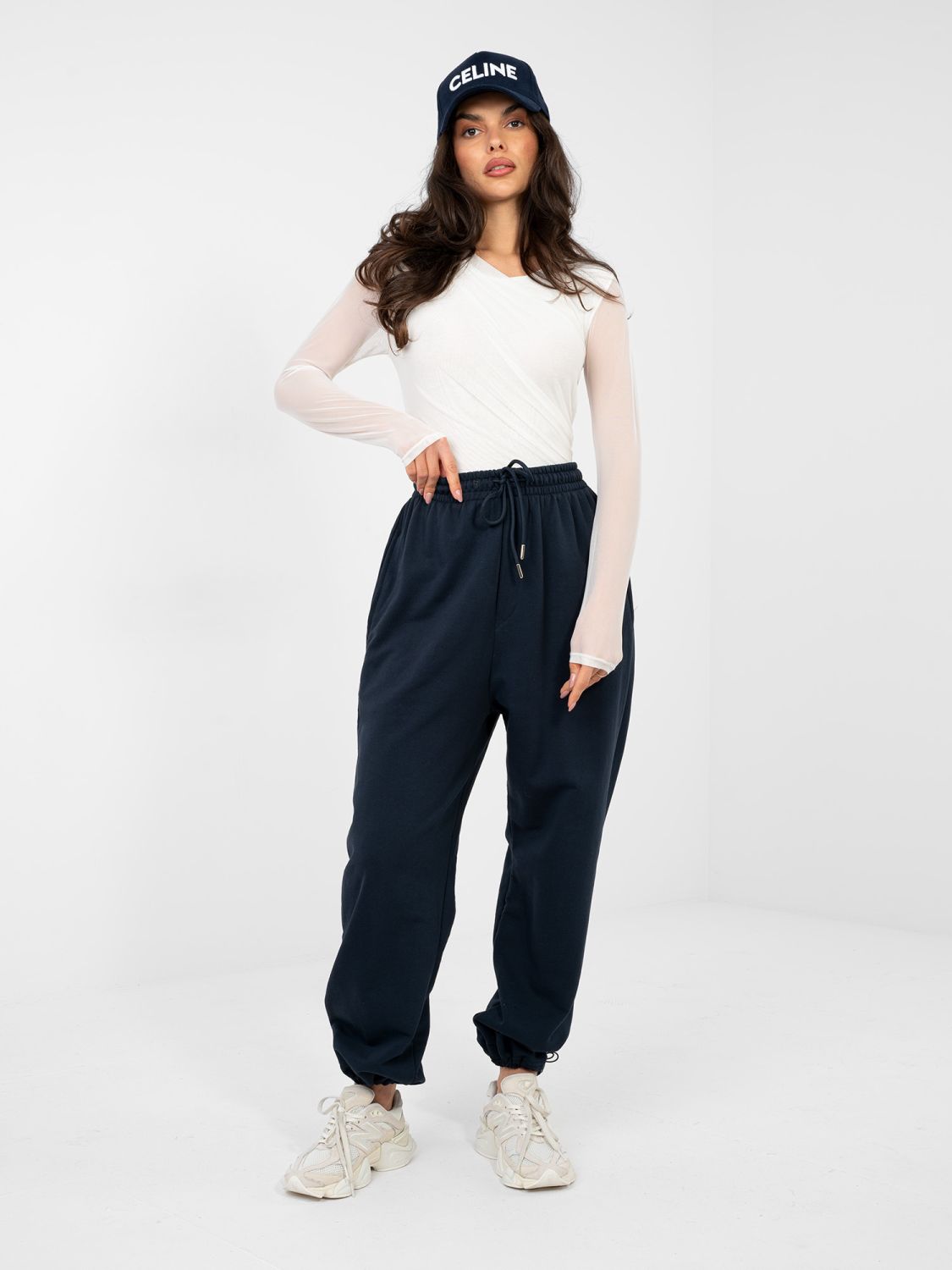 Pantaloni jogger bleumarin cu talie înaltă
