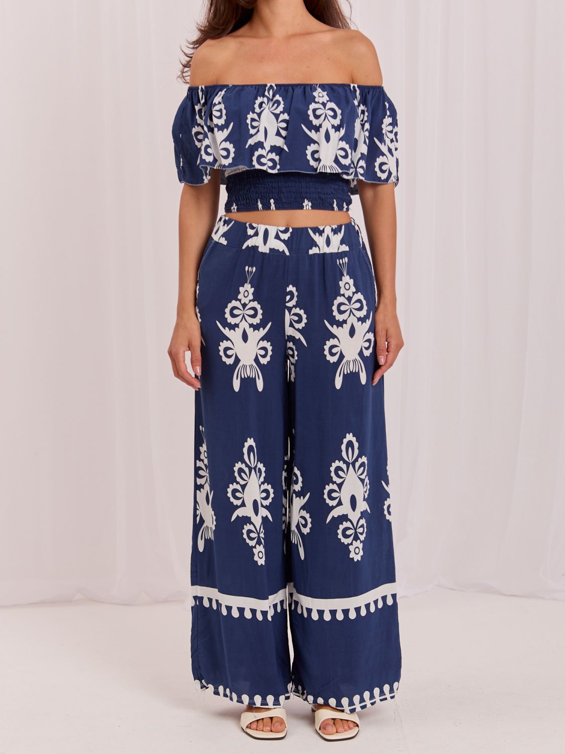 Set boho cu bluză și pantaloni, albastru