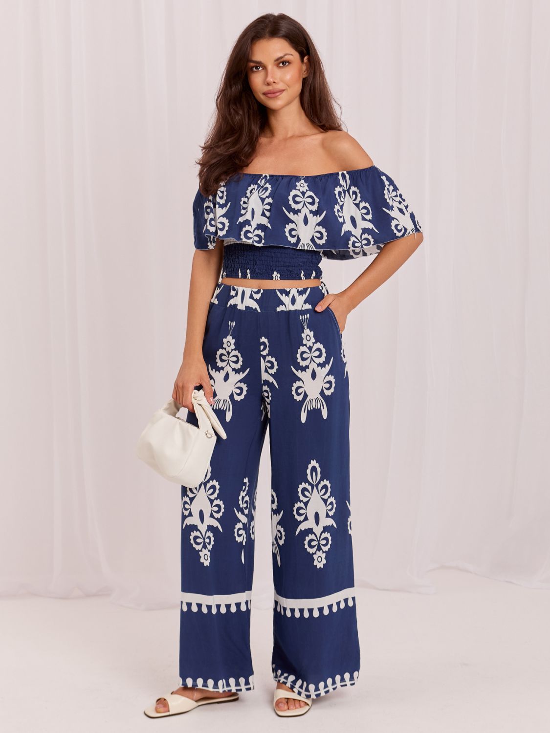 Set boho cu bluză și pantaloni, albastru