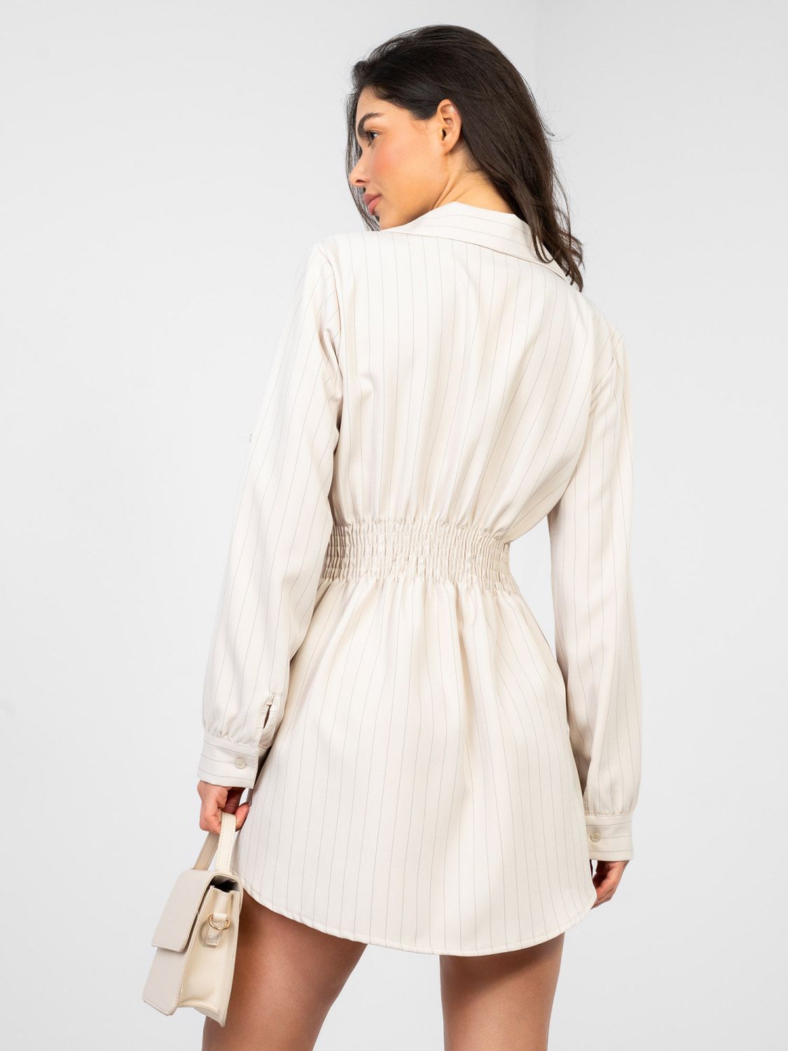 Rochie-cămașă bej cu dungi și guler