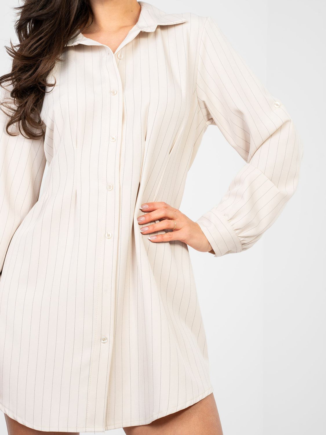 Rochie-cămașă bej cu dungi și guler