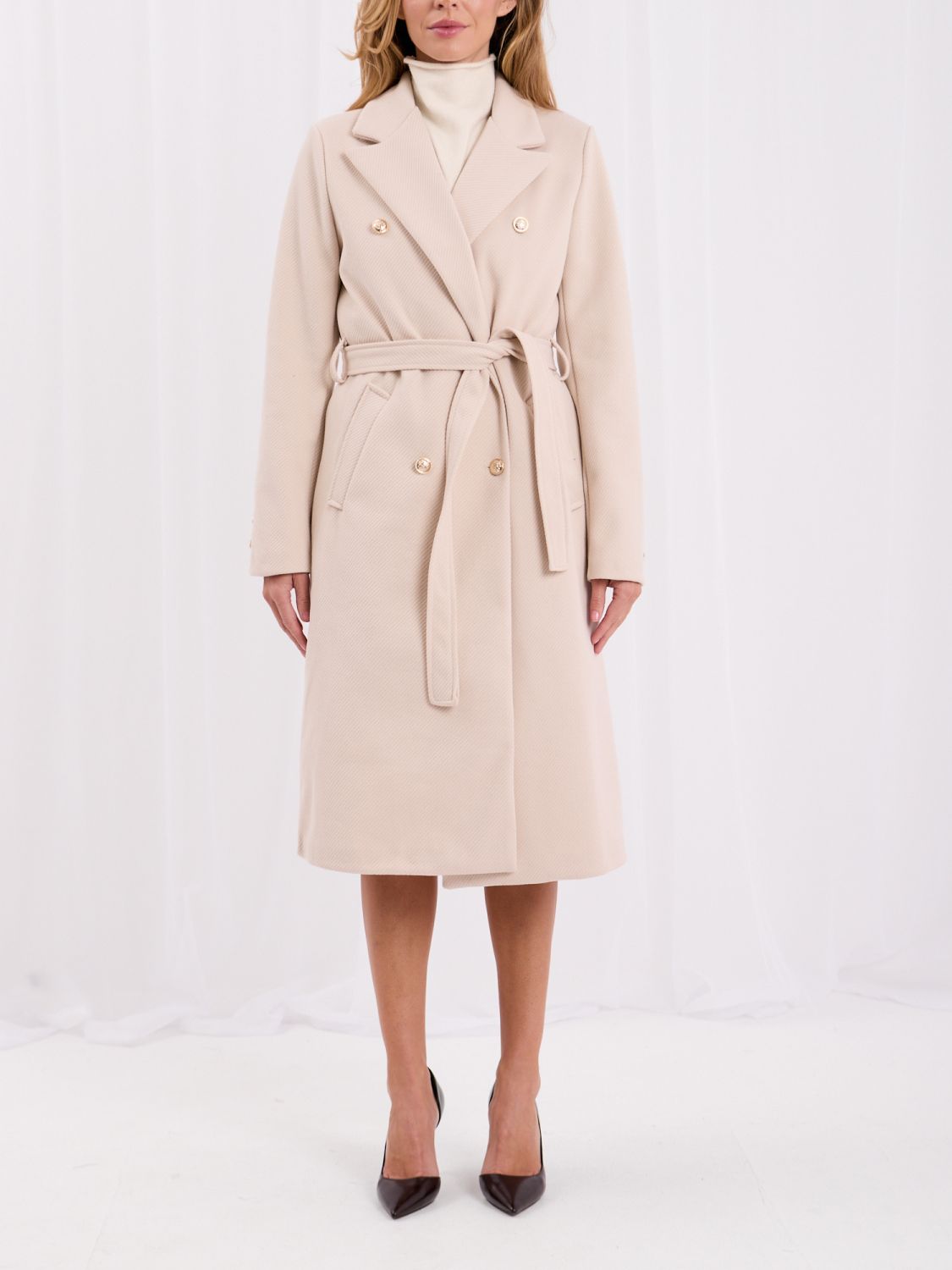 Palton elegant bej deschis cu curea