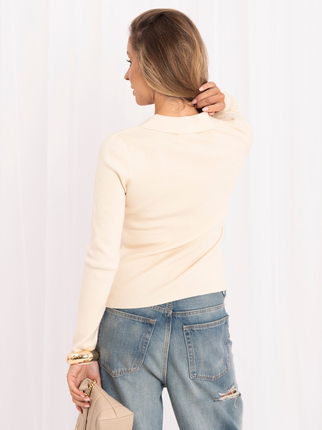 Pulover polo elegant bej deschis cu nasturi