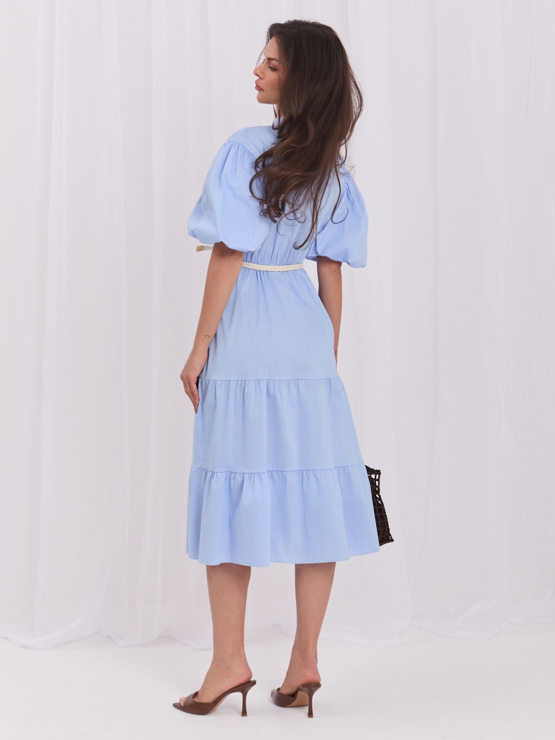 Rochie midi evazată bleu cu curea și volan