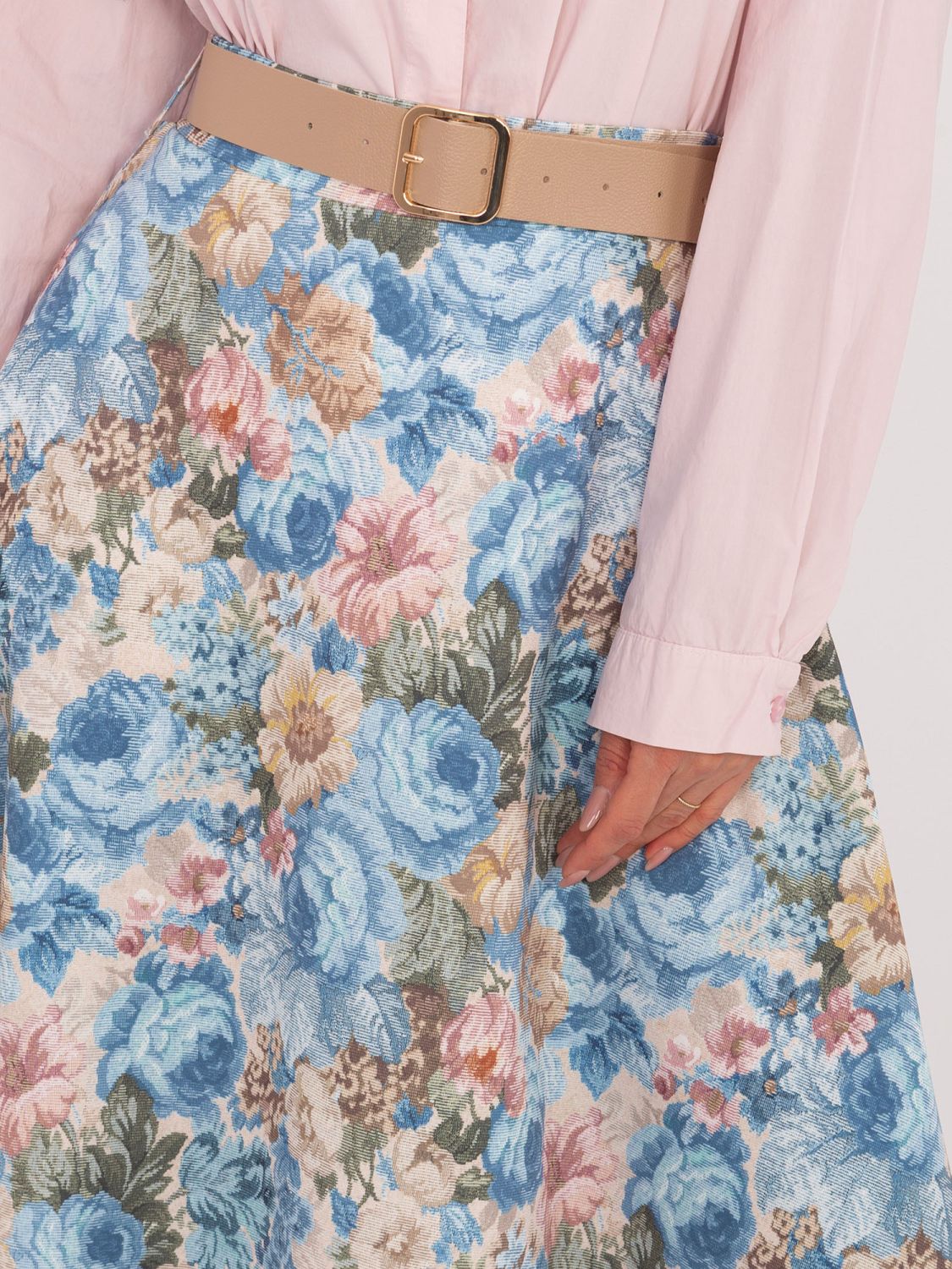 Fustă midi elegantă cu imprimeu floral și curea, albastră