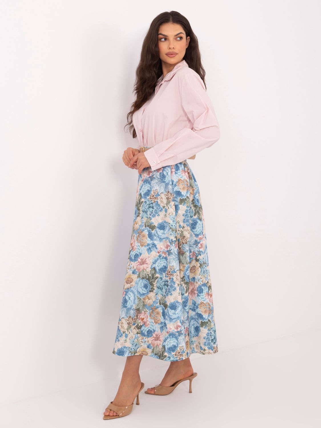 Fustă midi elegantă cu imprimeu floral și curea, albastră