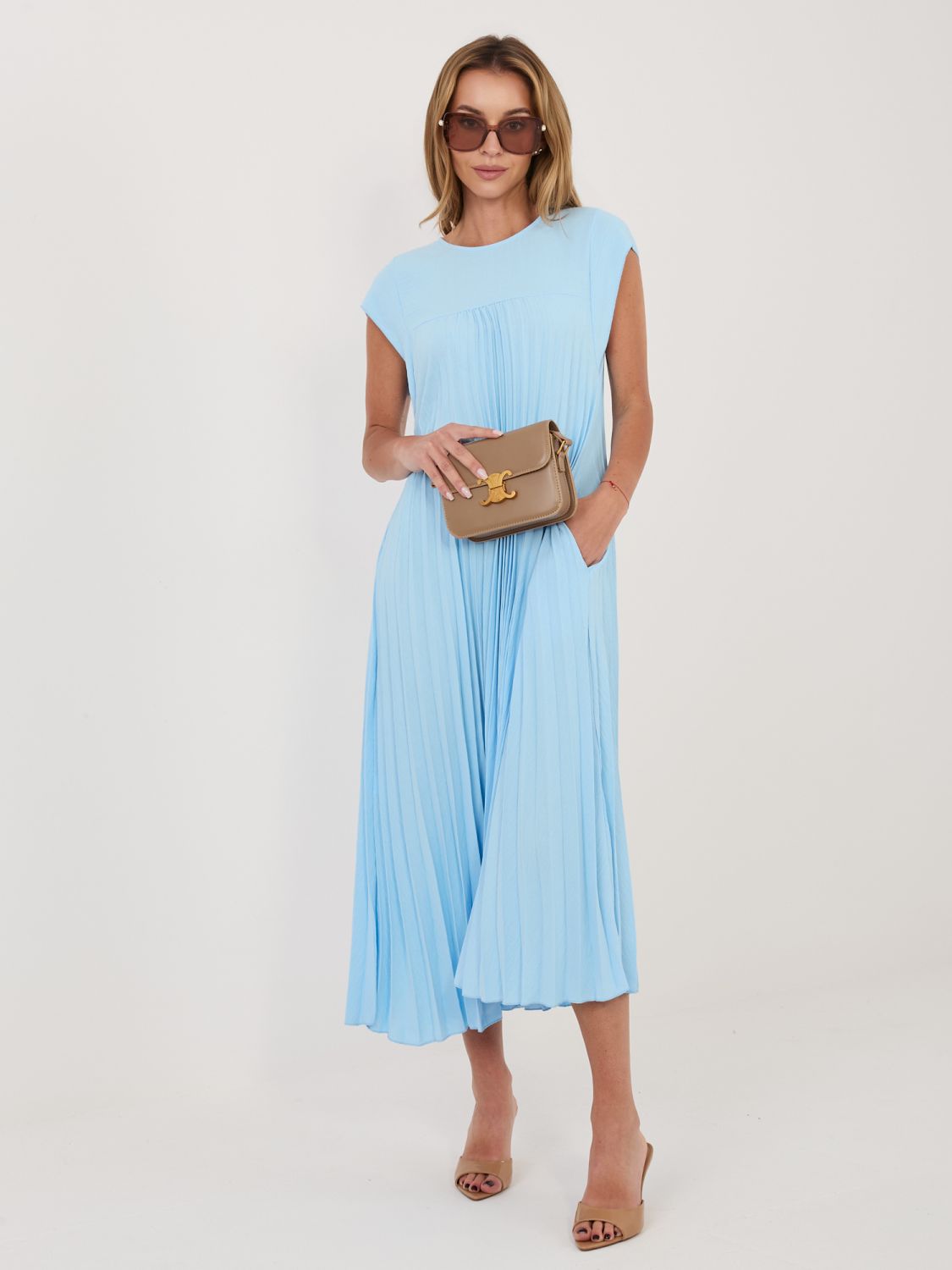 Rochie midi cocktail albastră cu buzunare