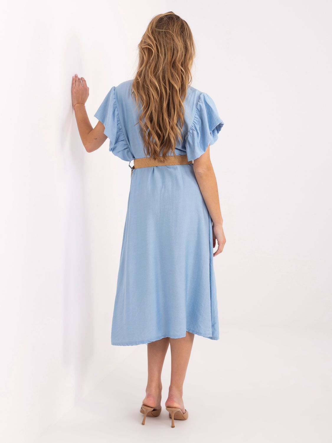Rochie midi evazată bleu cu curea