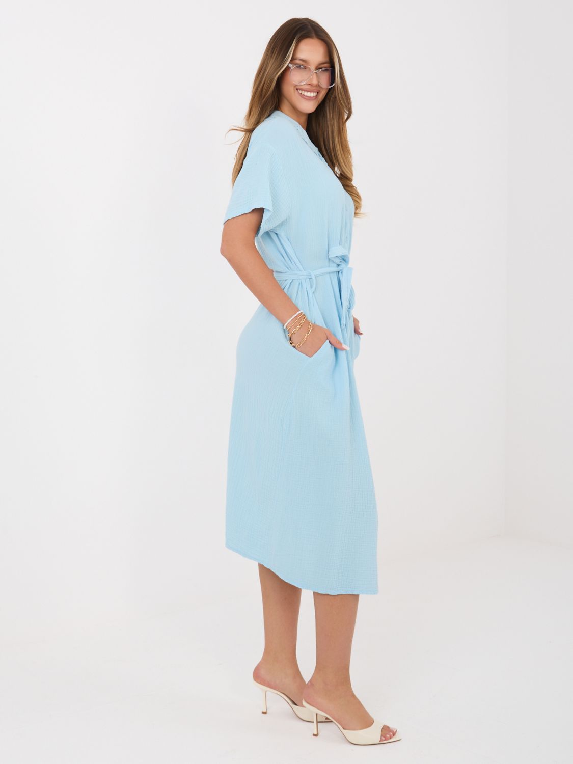 Rochie midi evazată bleu cu curea