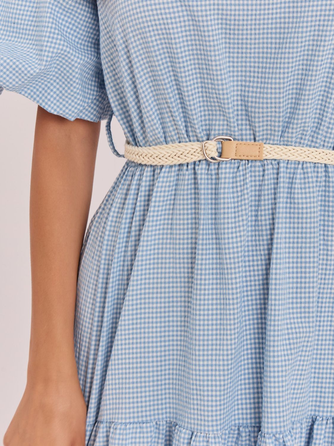 Rochie midi bleu cu curea și volan