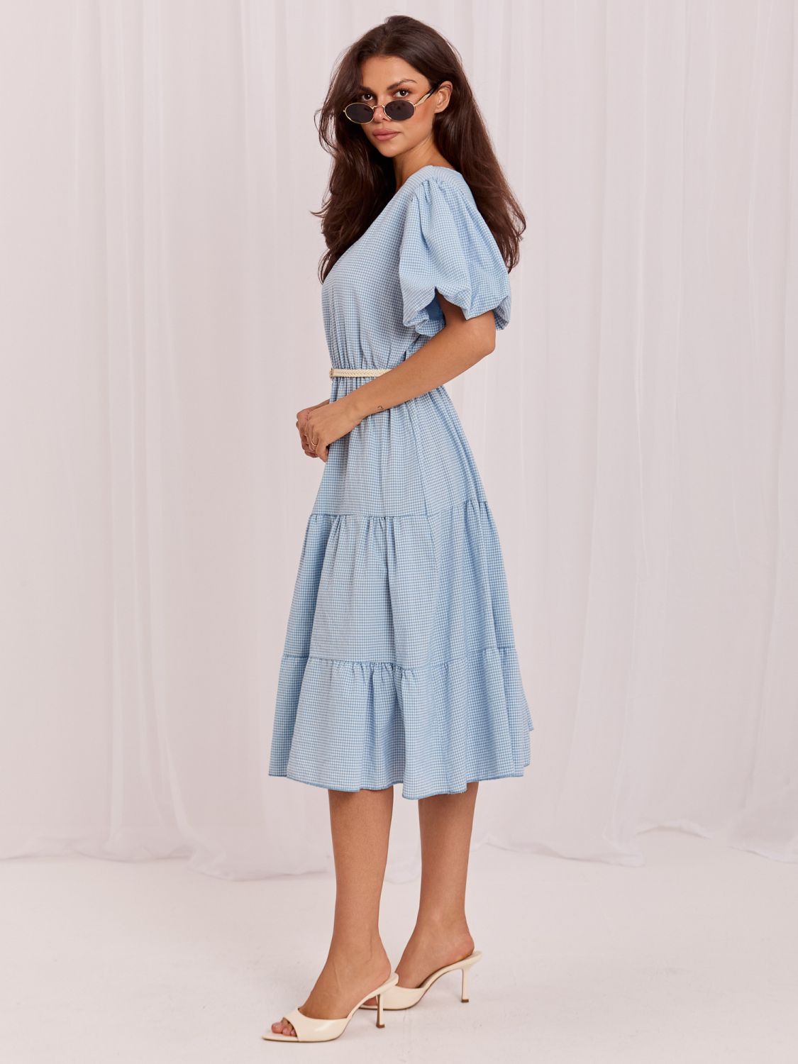 Rochie midi bleu cu curea și volan