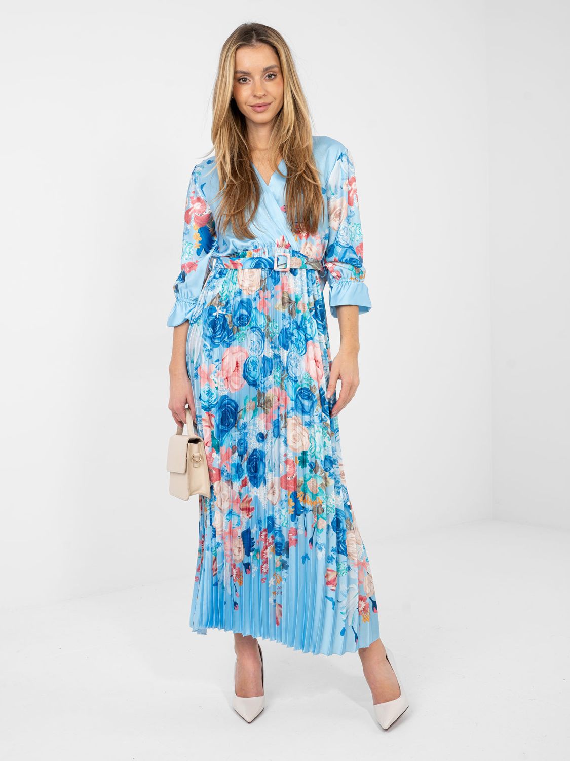 Rochie maxi cu imprimeu floral și curea, albastră