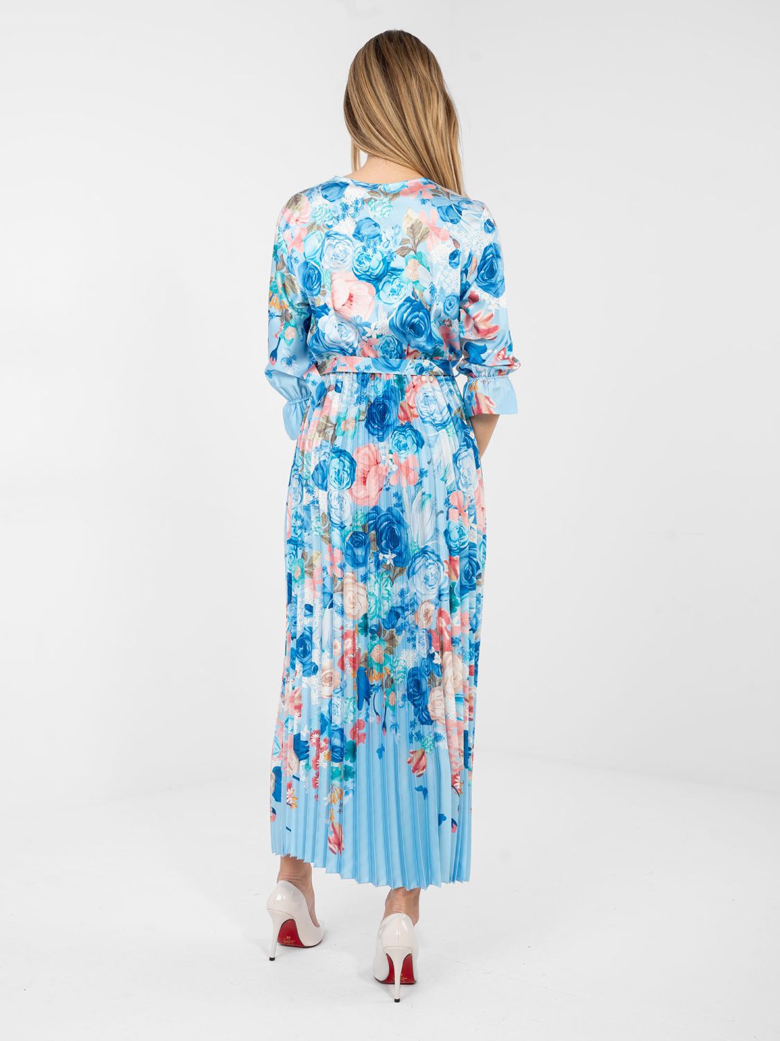 Rochie maxi cu imprimeu floral și curea, albastră
