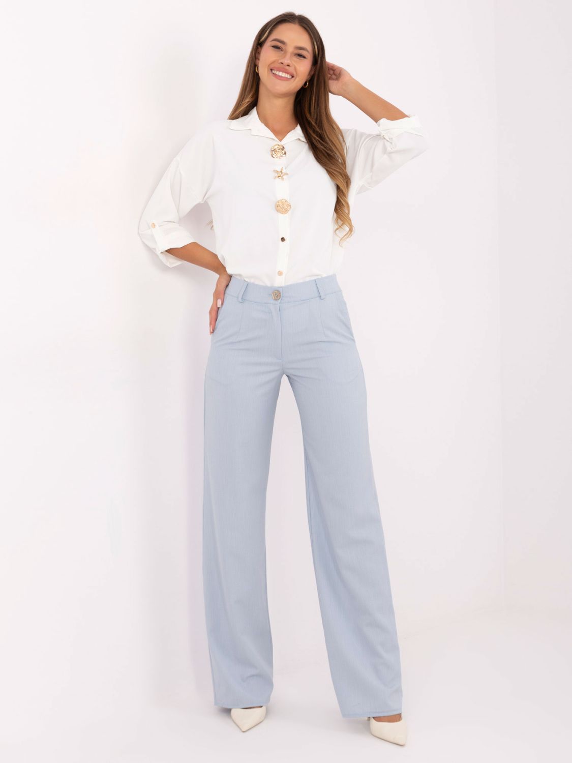 Pantaloni eleganți din material, albastru deschis, cu croială largă