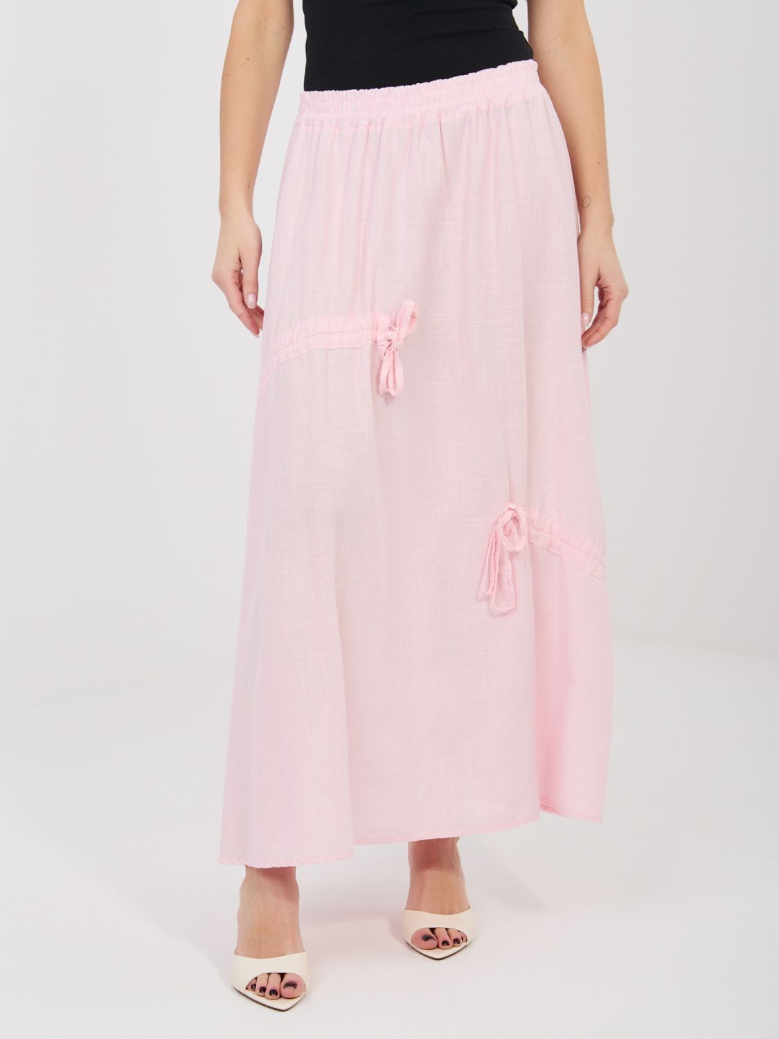 Fustă midi roz deschis cu cordon