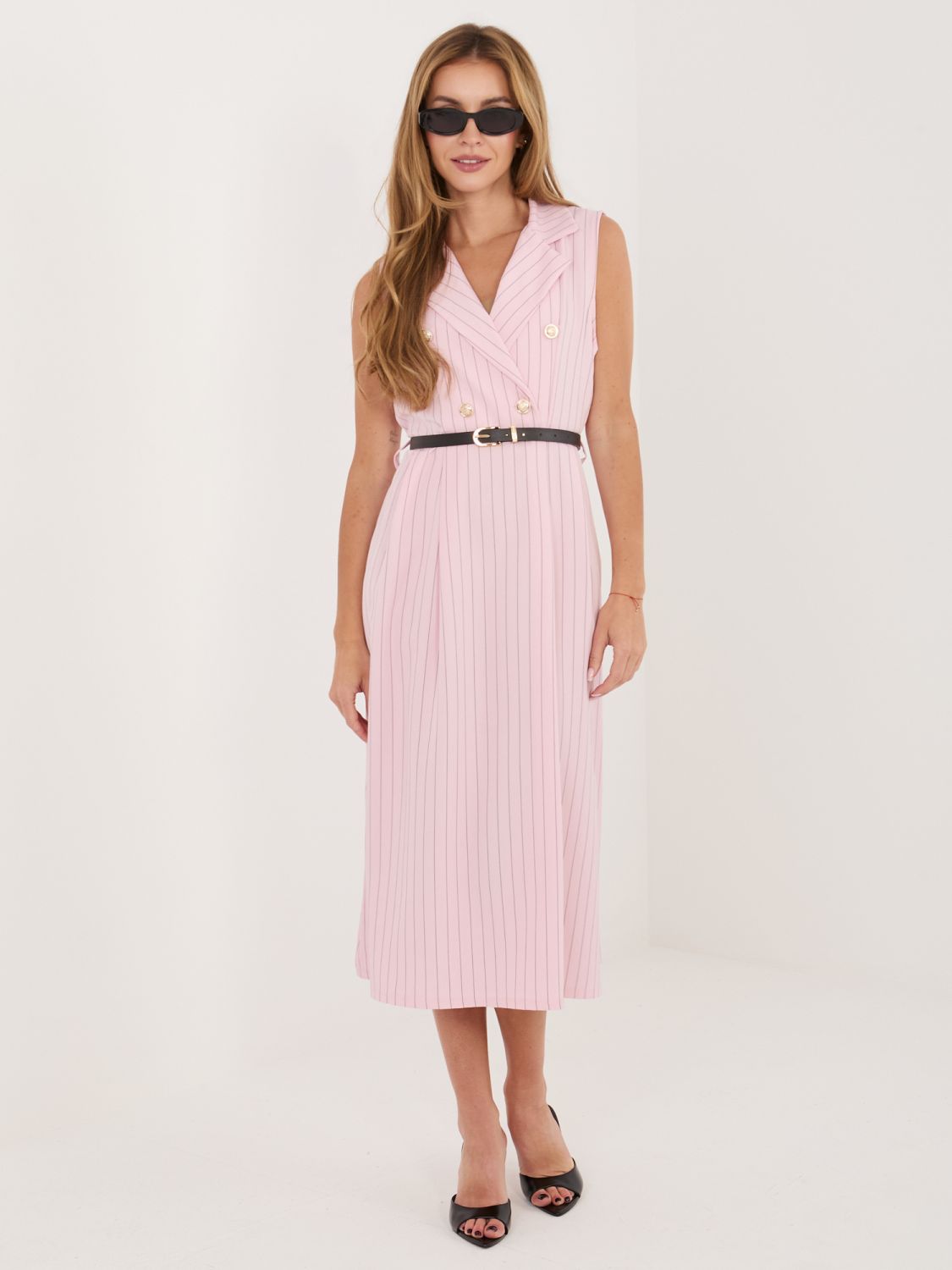 Rochie midi roz elegantă cu curea și guler