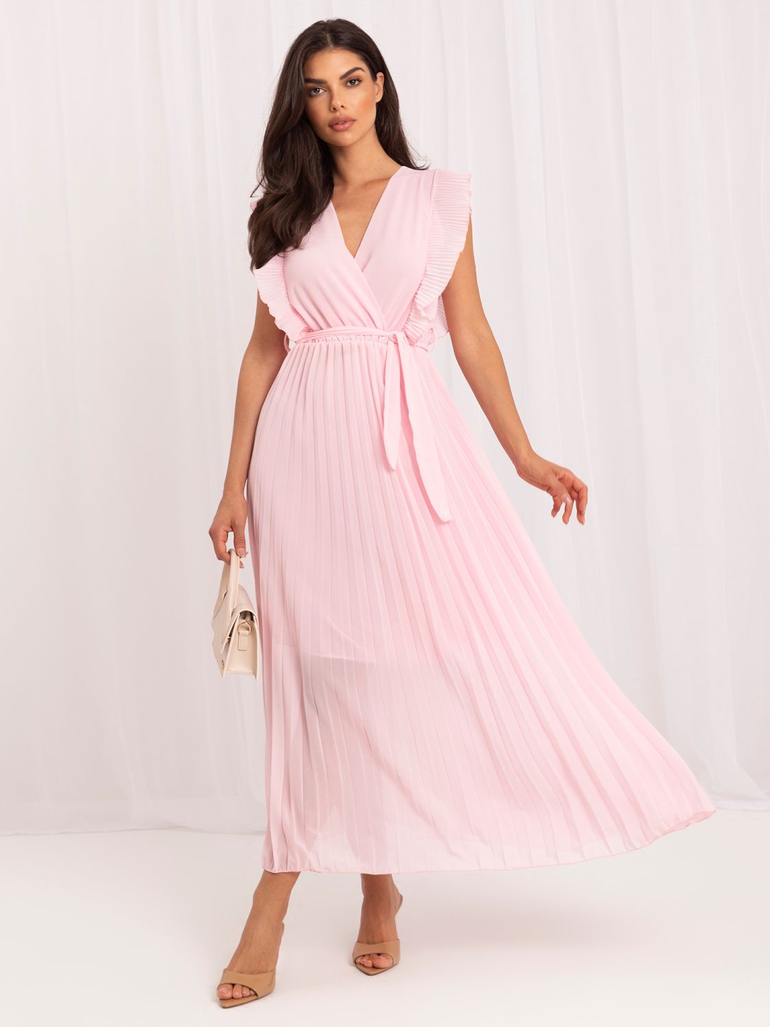 Rochie midi evazată roz deschis cu curea