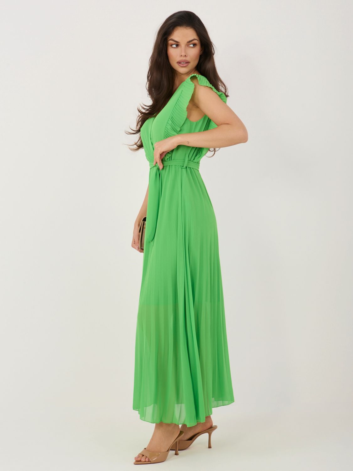 Rochie midi evazată verde deschis cu curea