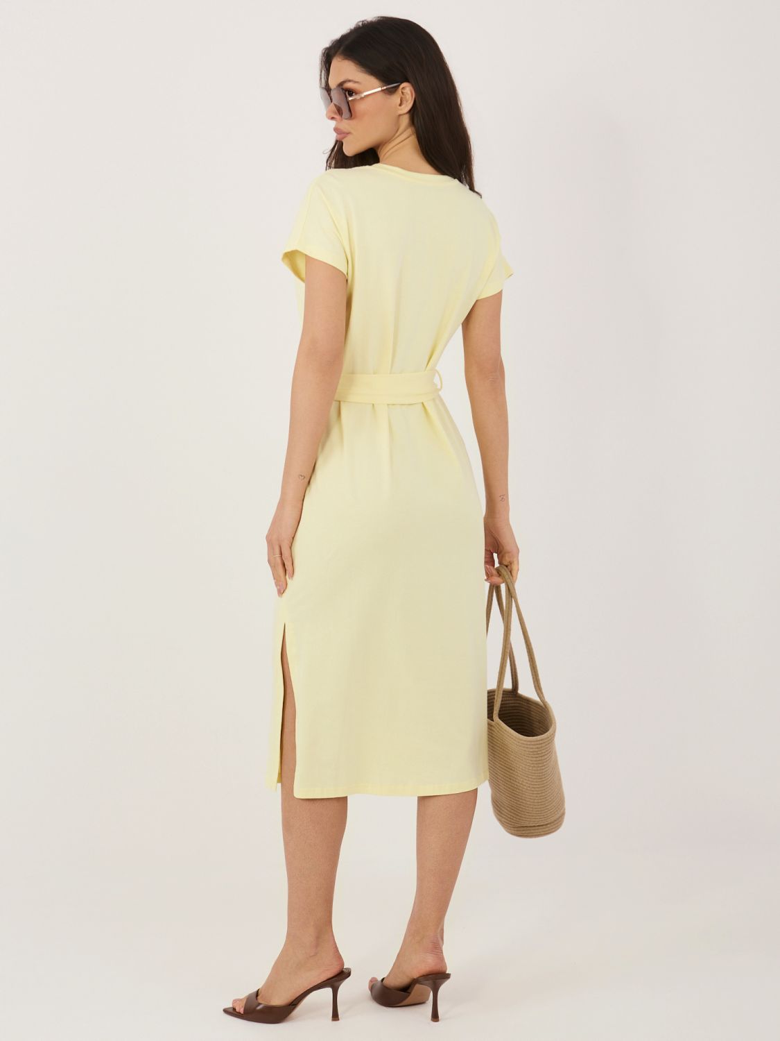 Rochie de vară galben deschis din bumbac cu curea