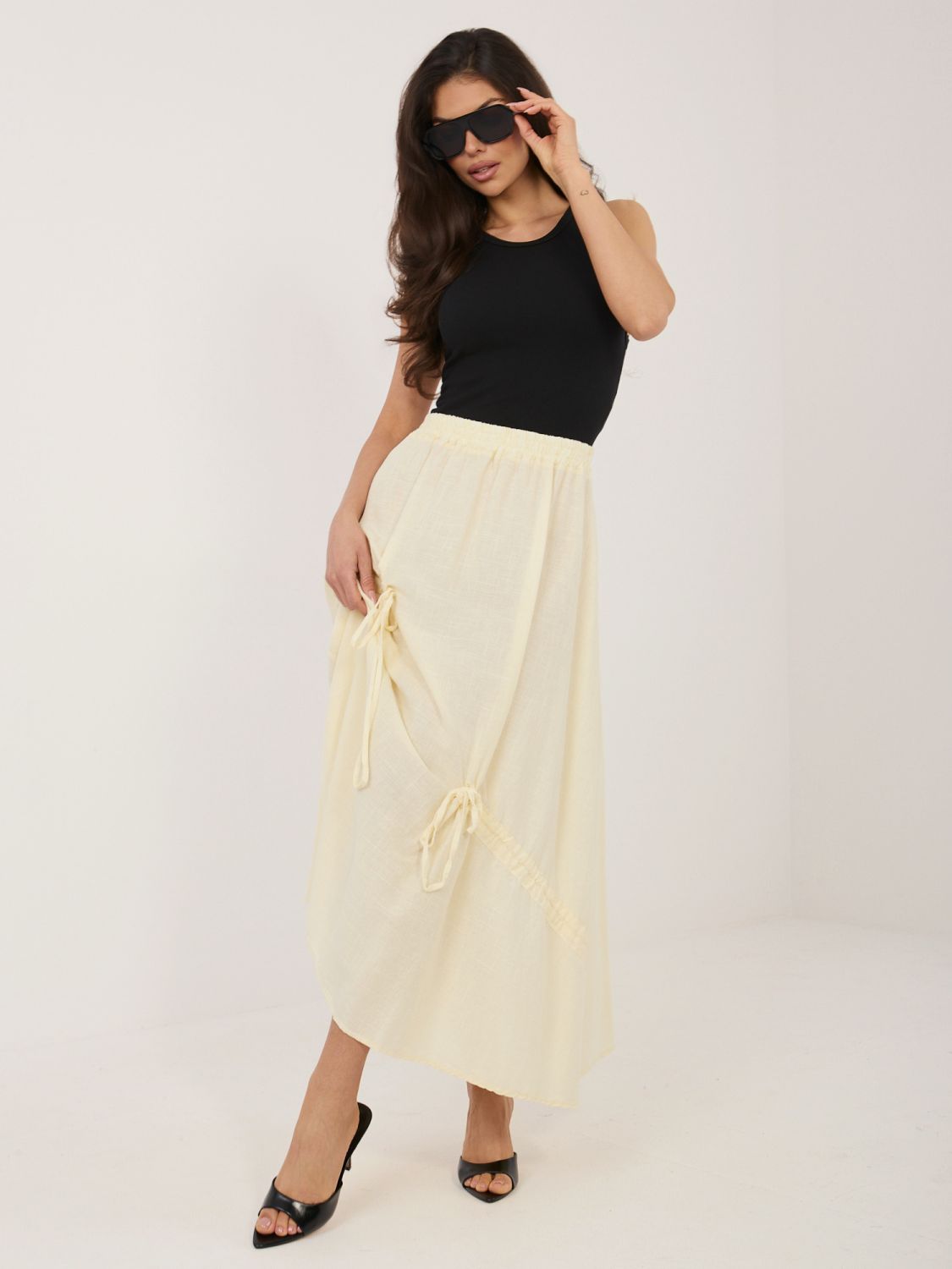 Fustă midi galbenă cu legare în talie