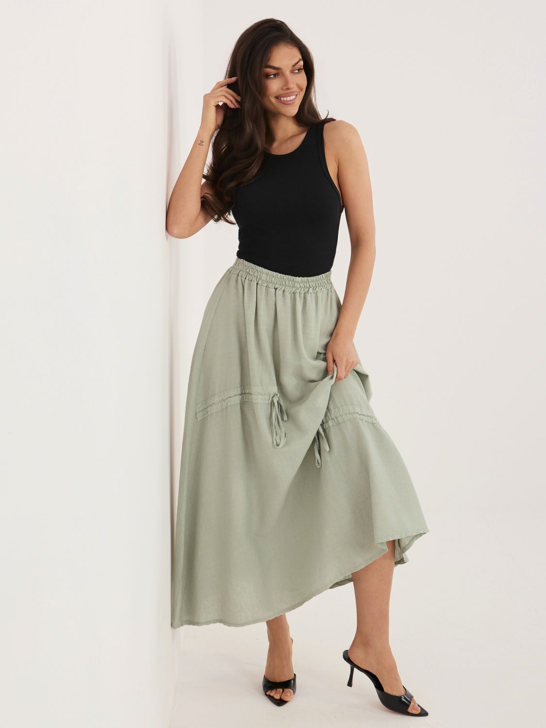 Fustă midi khaki cu cordon