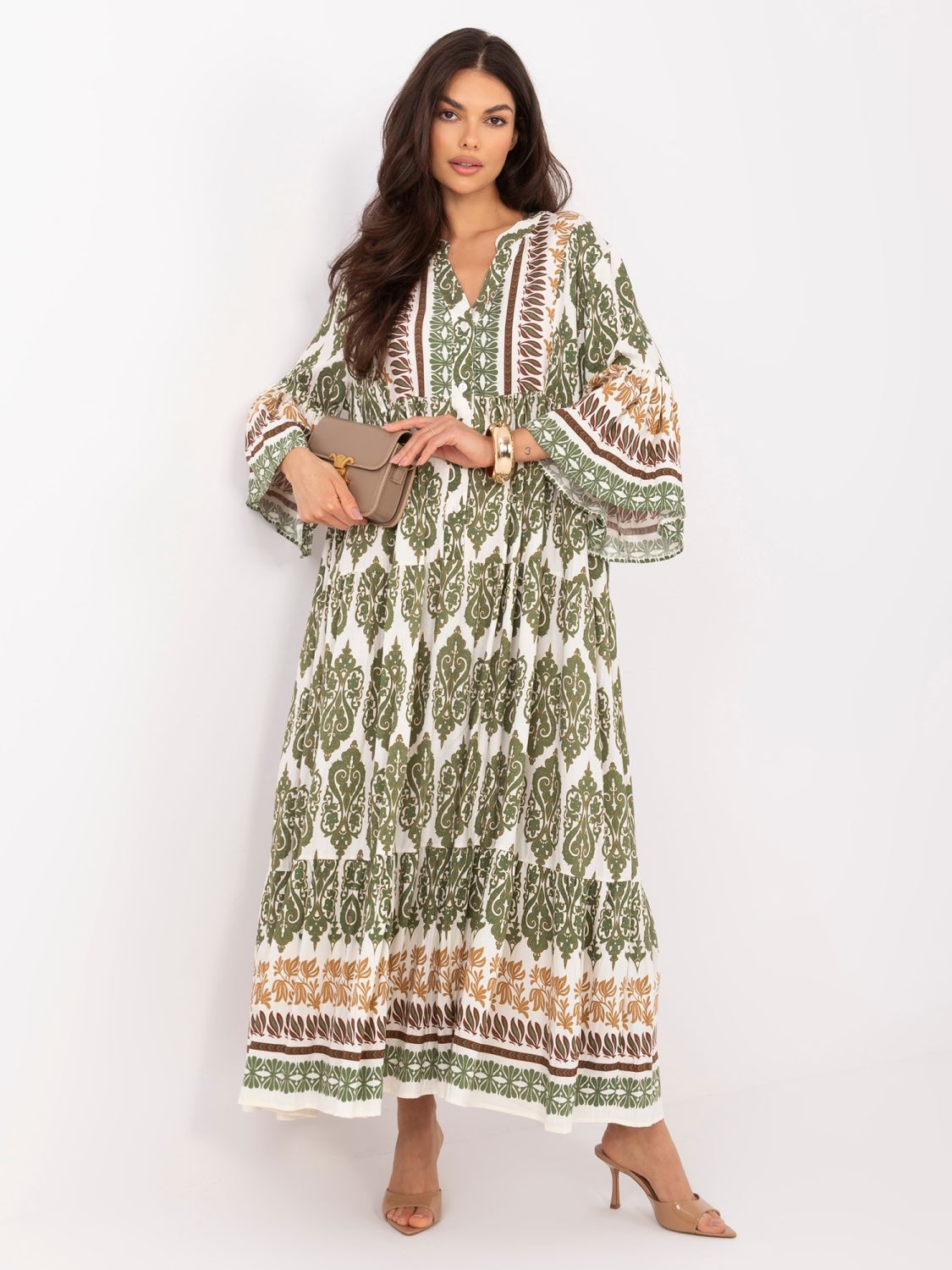 Rochie maxi khaki cu imprimeu și mâneci 3/4