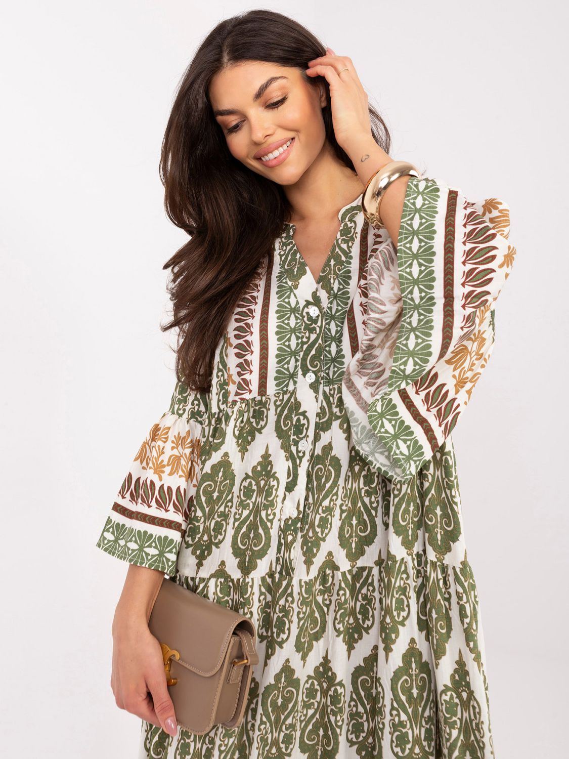 Rochie maxi khaki cu imprimeu și mâneci 3/4