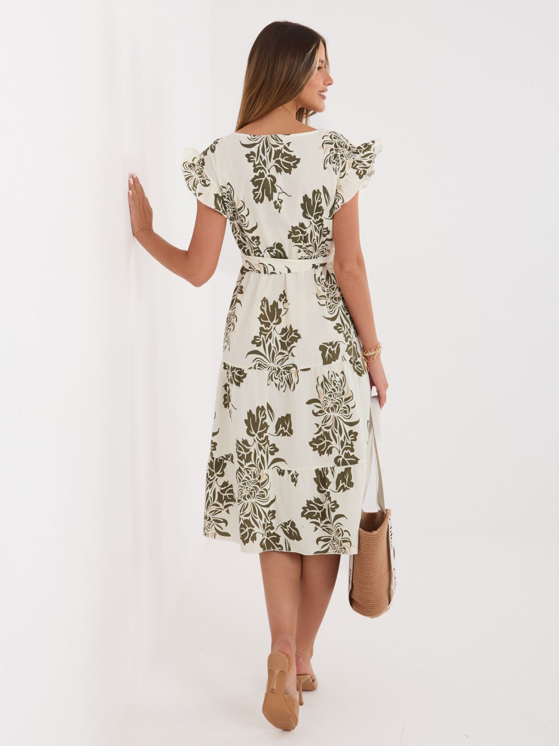 Rochie midi khaki cu imprimeu și curea