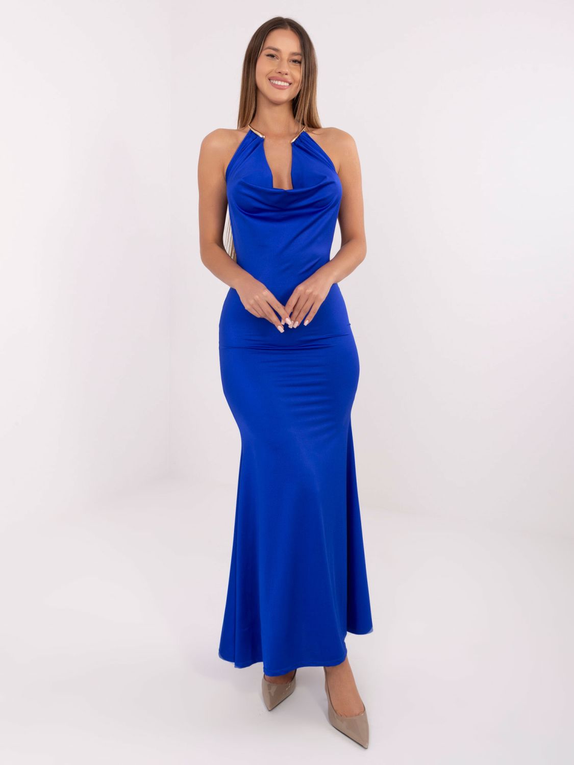 Rochie maxi cobalt cu decolteu tip cascadă