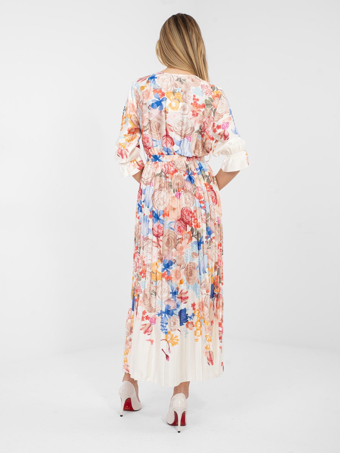 Rochie maxi ecru cu imprimeu floral și curea