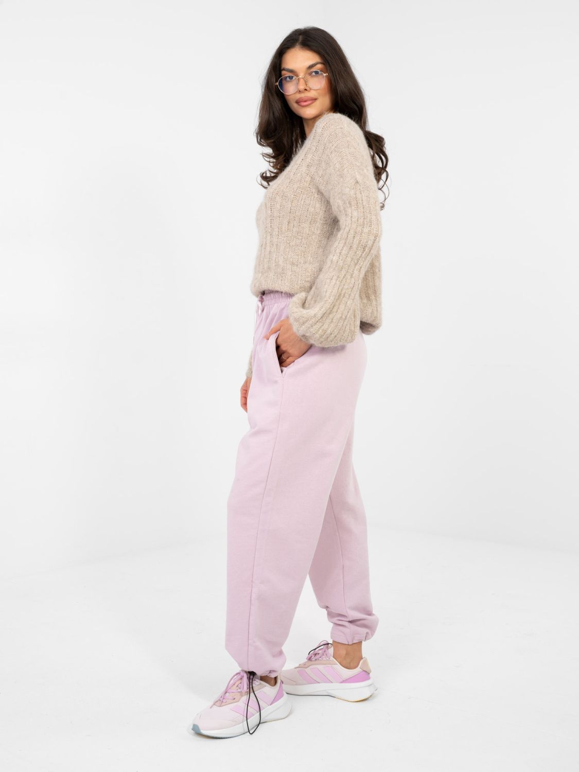 Joggere mov din bumbac cu talie înaltă