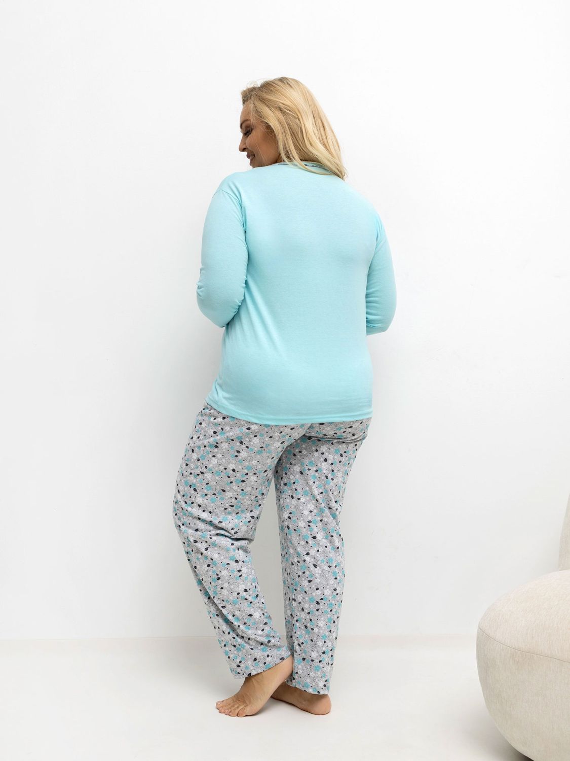 Pijamă din bumbac cu model floral și nasturi, verde mentă