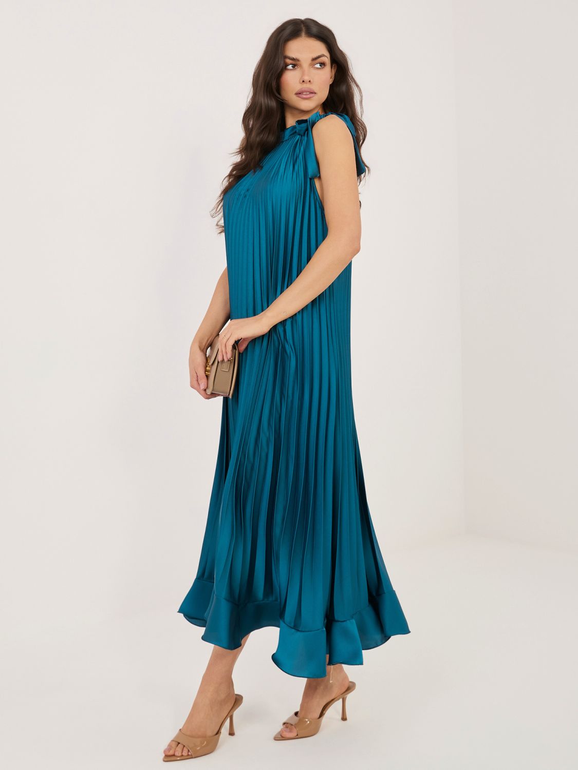 Rochie midi de cocktail albastră cu cordon și volan