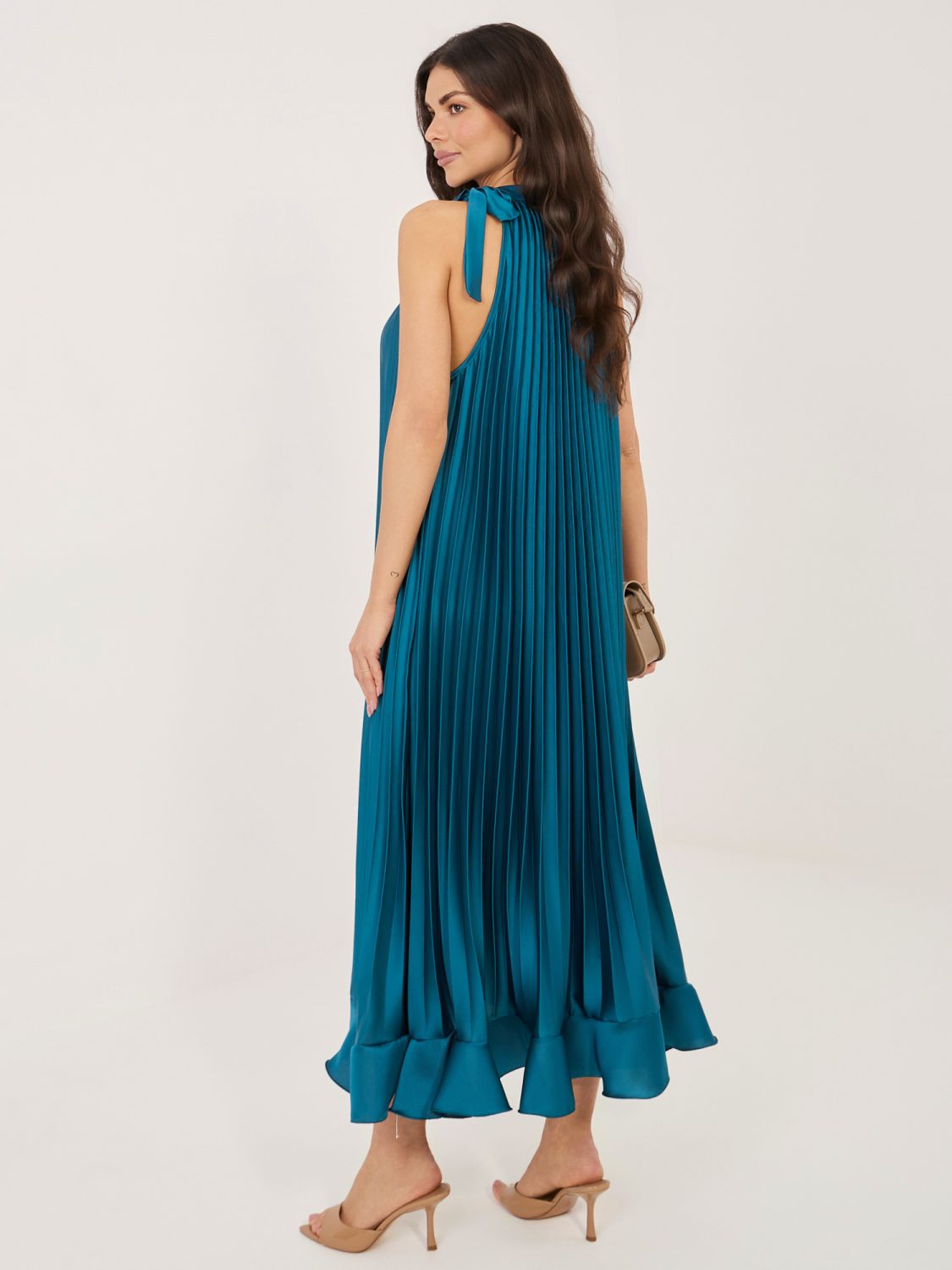 Rochie midi de cocktail albastră cu cordon și volan