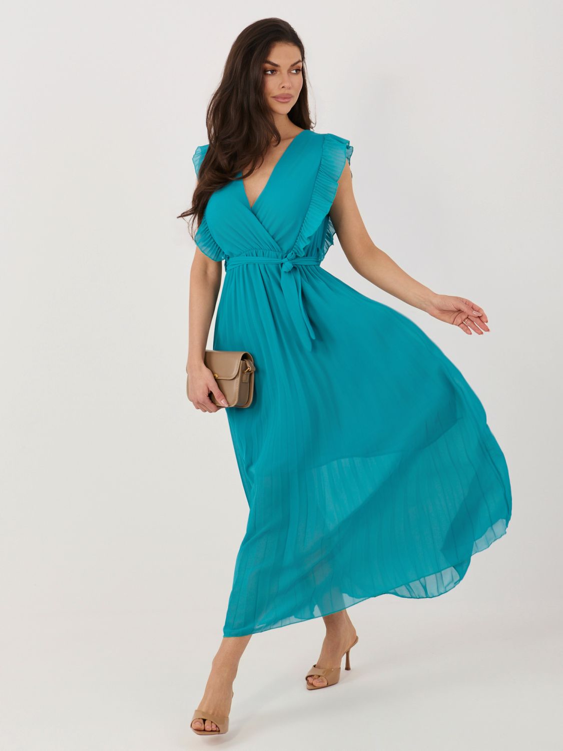 Rochie midi albastră evazată cu curea