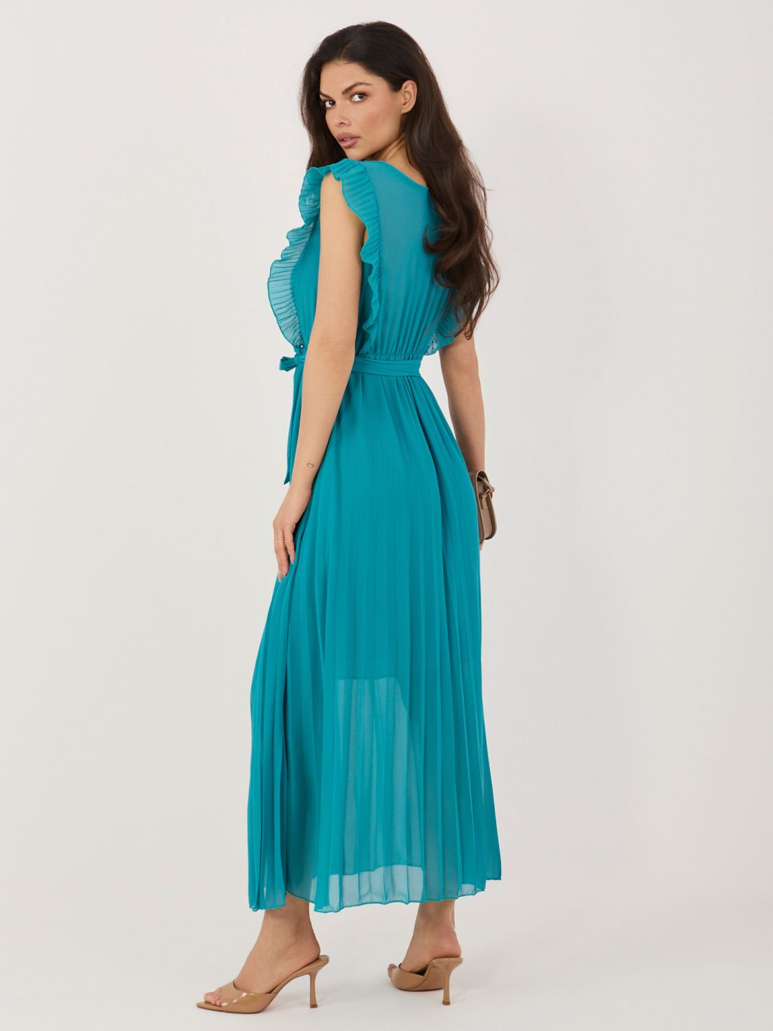 Rochie midi albastră evazată cu curea