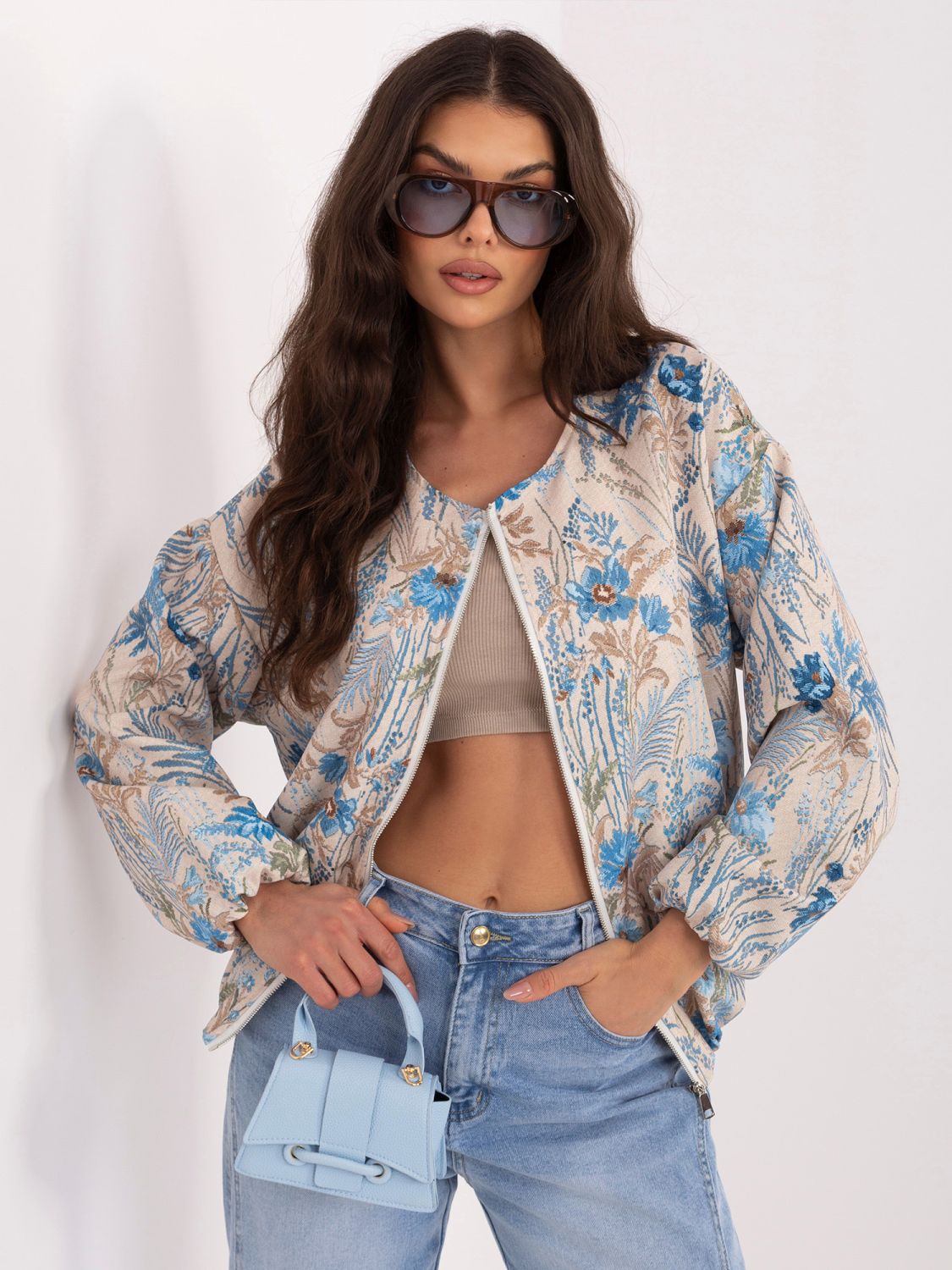 Geacă bomber albastră cu imprimeu floral, fără glugă