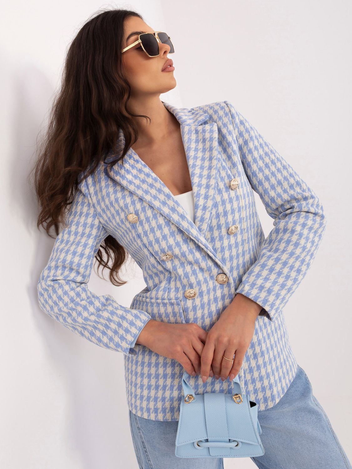 Sacou albastru cu model pepit și căptușeală