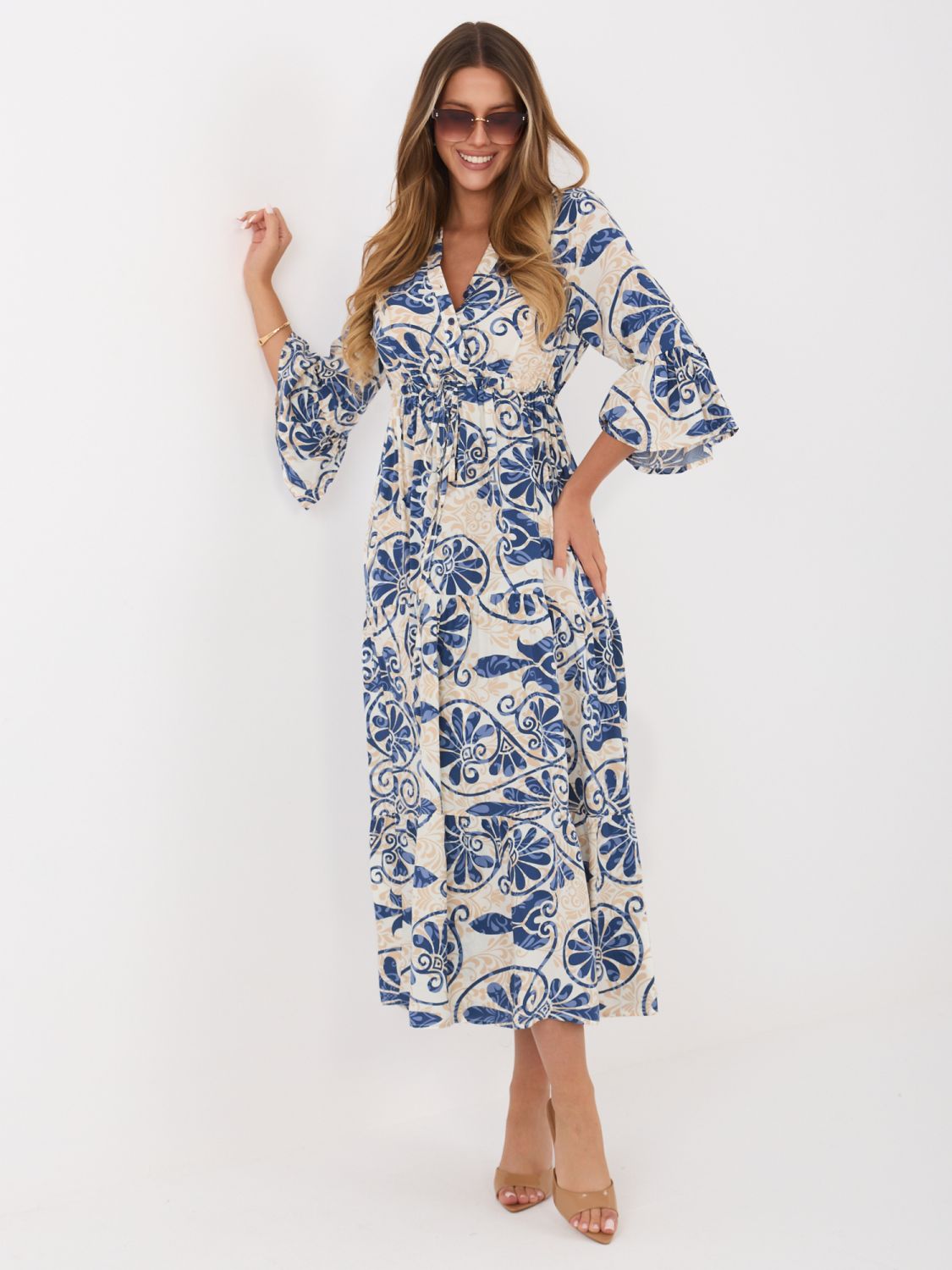 Rochie midi albastră cu imprimeu și cordon