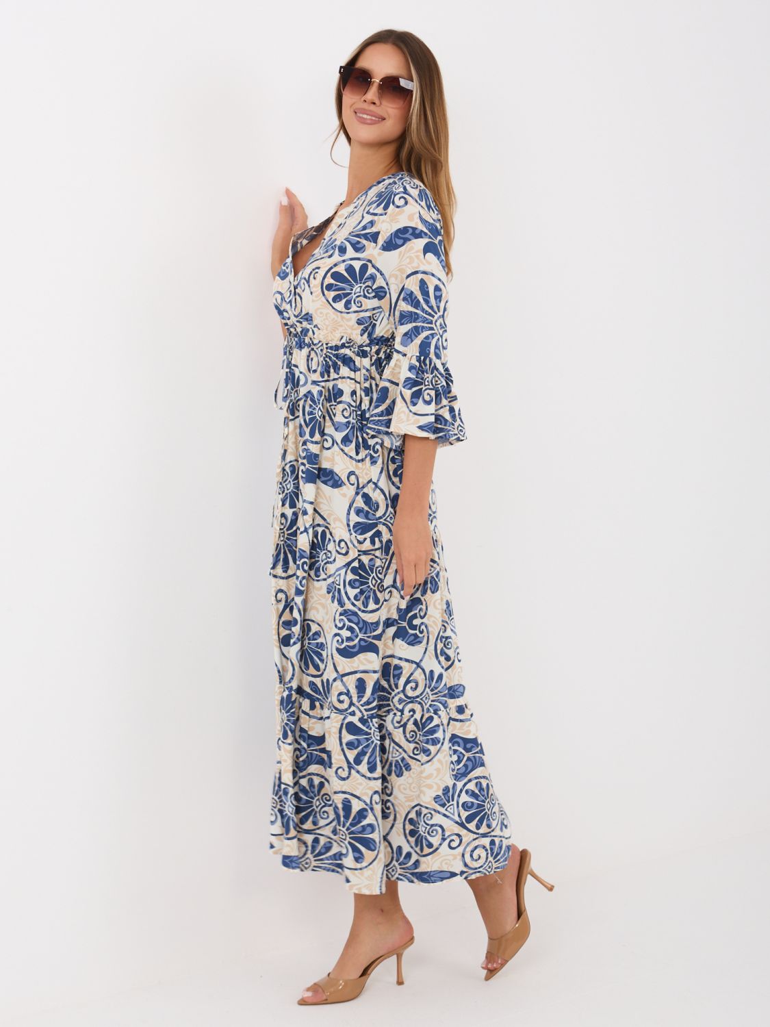 Rochie midi albastră cu imprimeu și cordon
