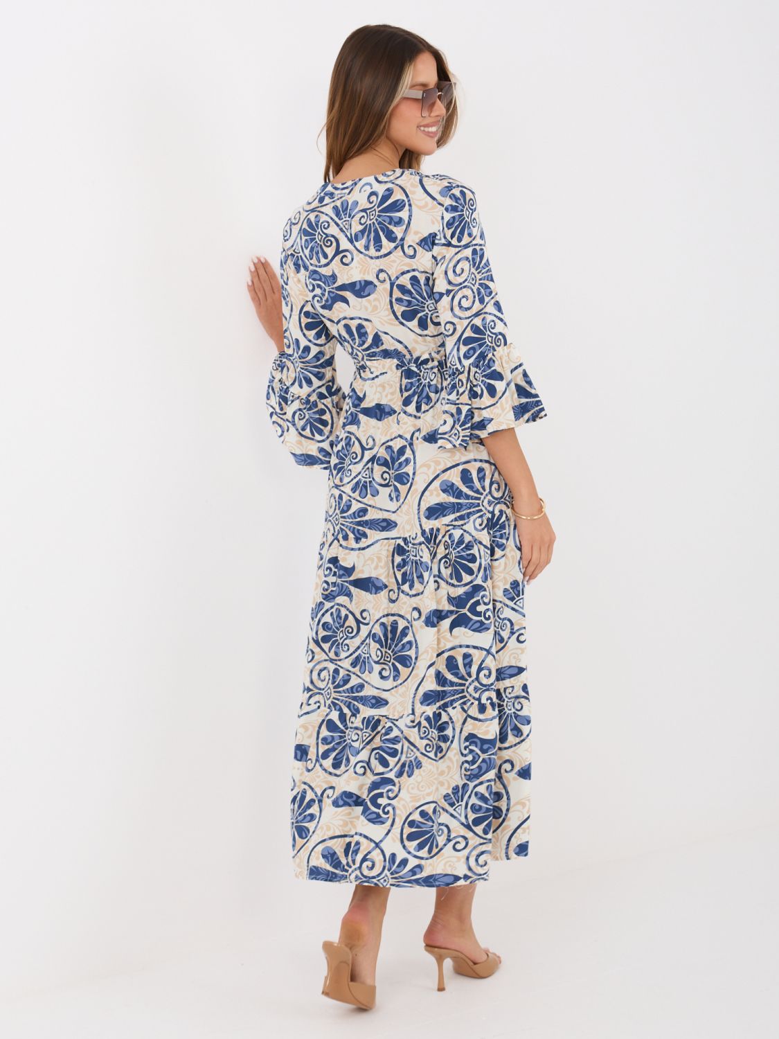 Rochie midi albastră cu imprimeu și cordon