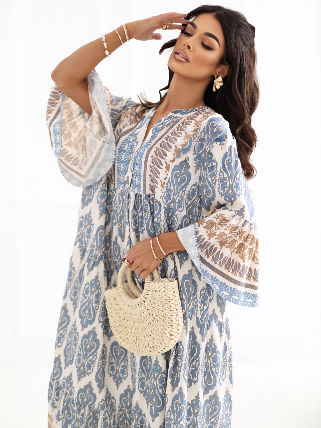 Rochie maxi albastră cu imprimeu și mâneci 3/4