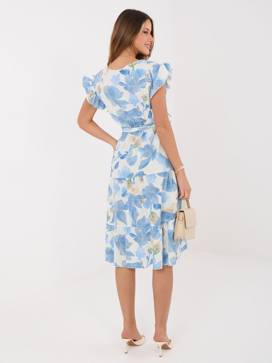 Rochie midi albastră evazată cu curea și volan