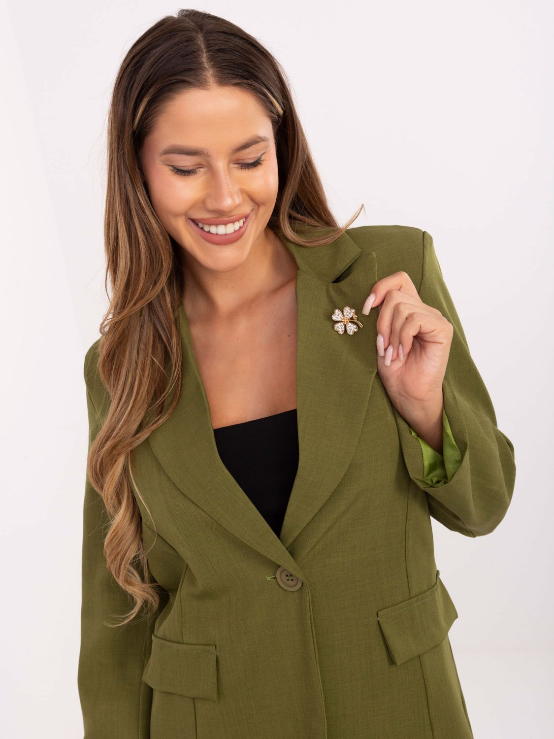 Sacou elegant verde măsliniu cu broșă