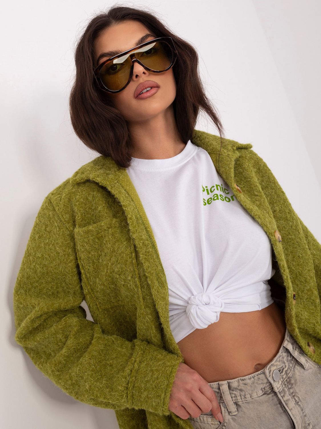 Geacă de tranziție verde măsliniu cu guler și buzunare