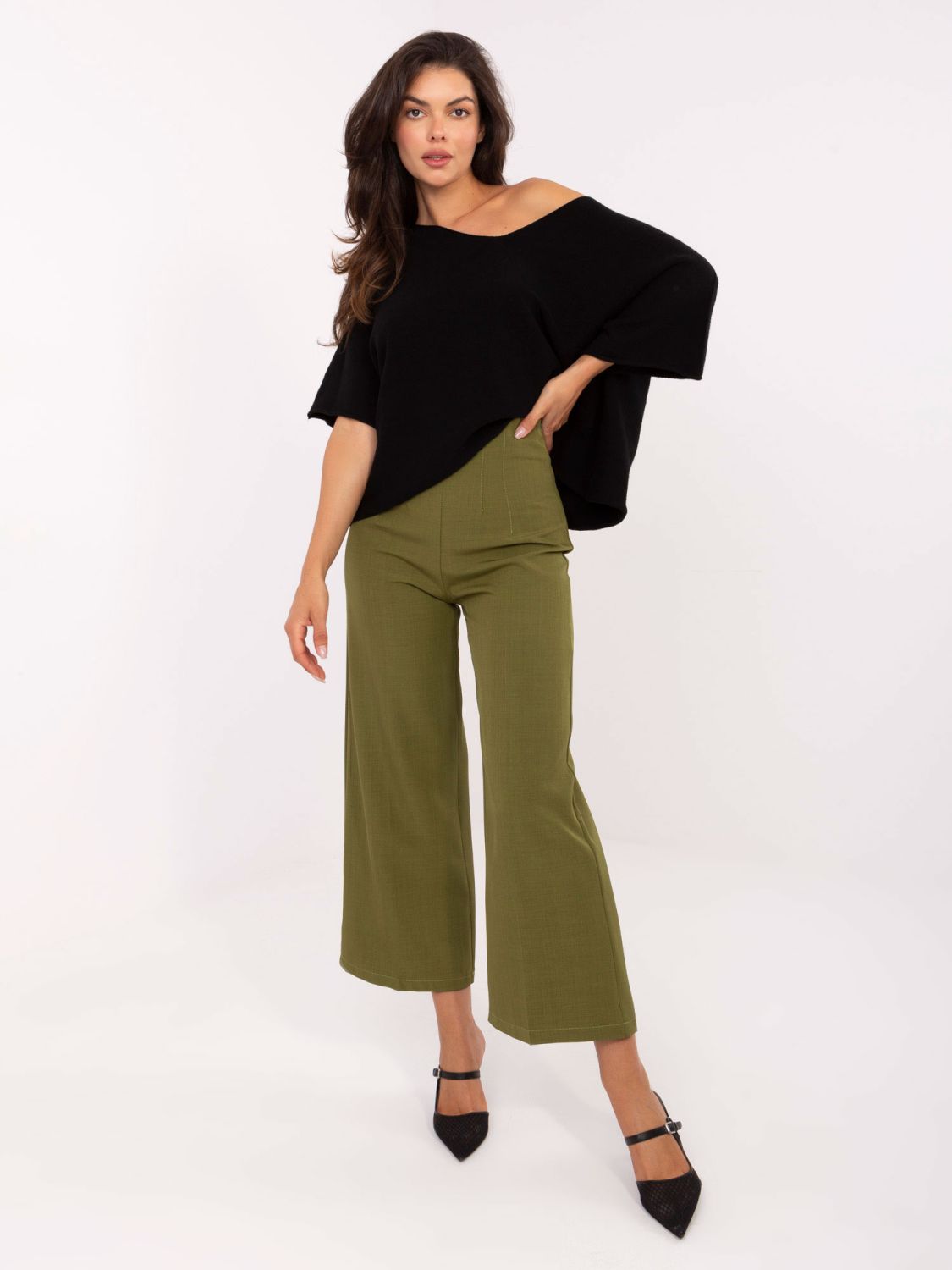 Pantaloni eleganți largi în culoare verde măsliniu
