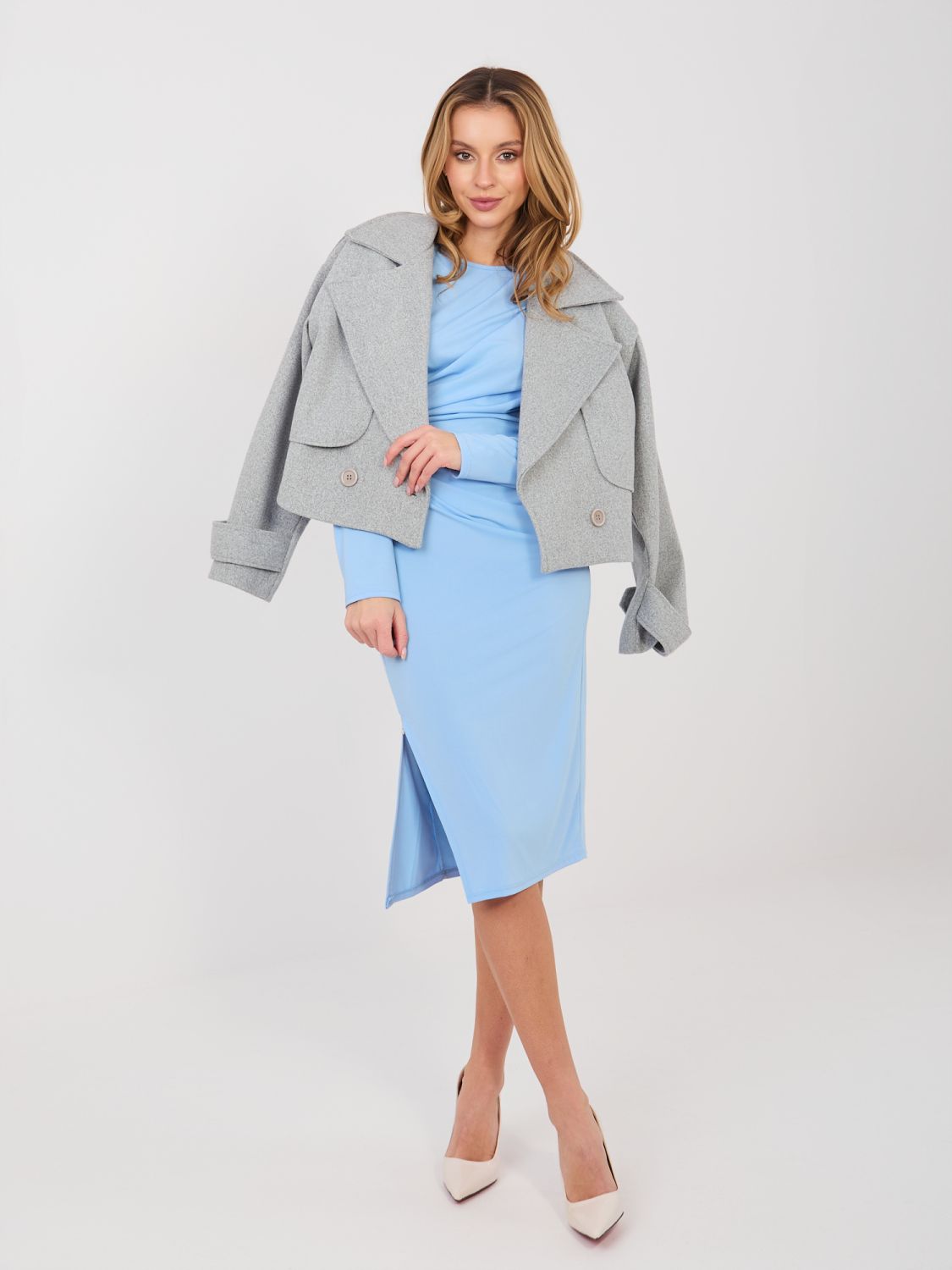 Rochie elegantă midi albastru deschis, tip creion, cu mâneci lungi