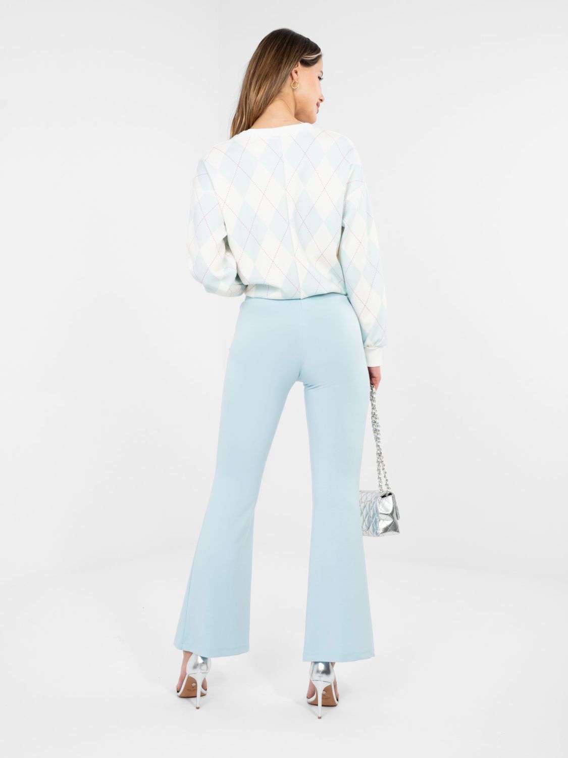 Pantaloni sport largi albastru deschis cu talie înaltă