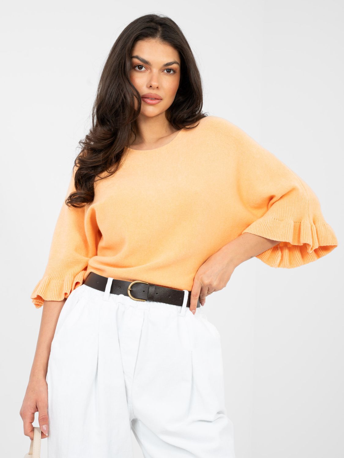 Pulover elegant portocaliu cu volan și mâneci 3/4